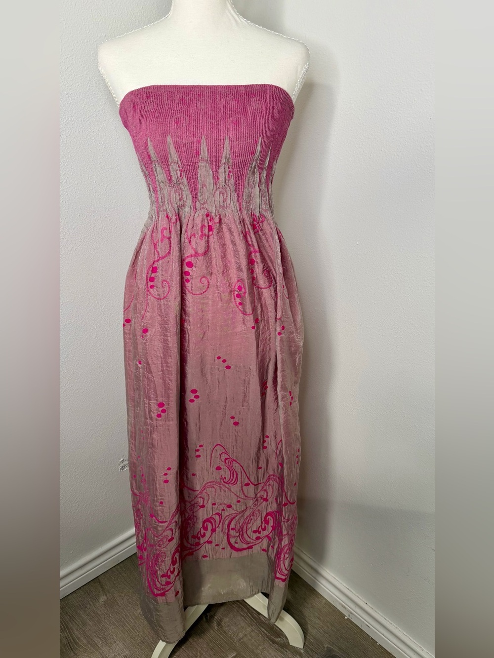Lapis Strapless Pink and Silver Smocked Maxi Dress Size OS